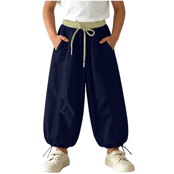 Maean Little Girls Cargo Pants Elastic Waist Drawstring Wide Leg Baggy Jogger Pants with Pockets