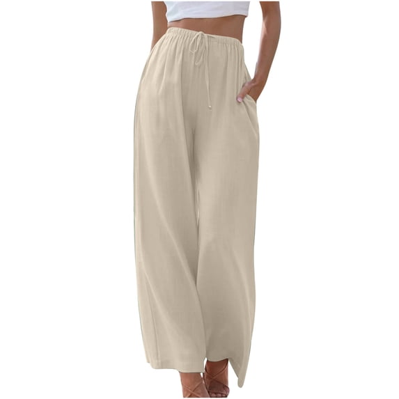 Maean Long Linen pants for Women Loose Casual Elastic High Waist Drawstring Wide Leg Trousers with Pockets