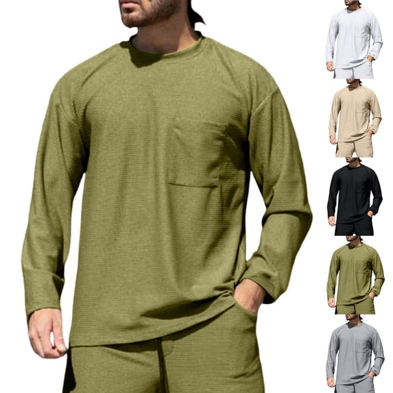 Maean Long Sleeve Shirts for Mens Basic Tops with Pocket Solid Color Textured Loose Workout Tees