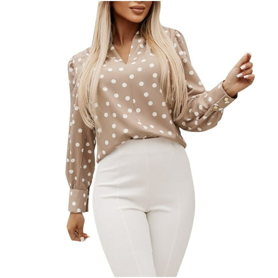 Maean Long Sleeve Shirts for Women Polka Dots Printed V Neck Pullover Blouse Trendy Office Work Fall Winter Shirts