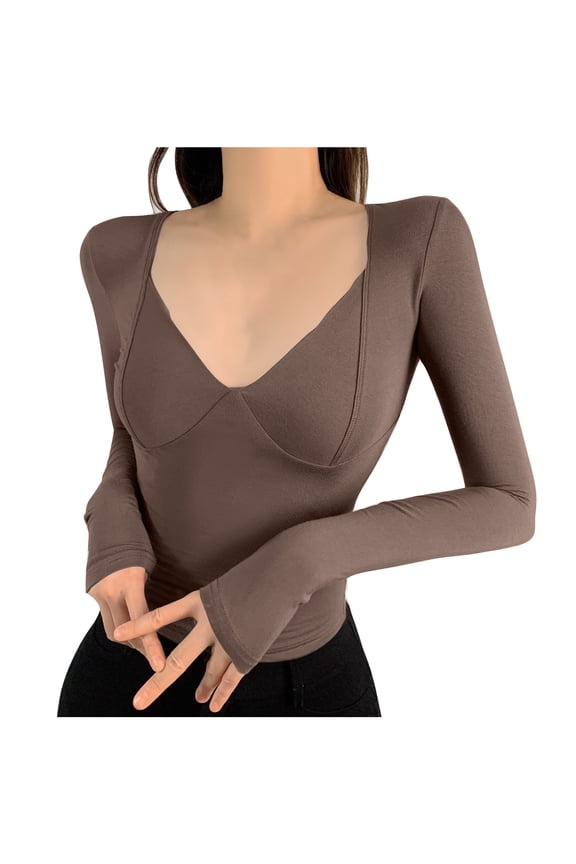 Long Sleeve Tops for Women V Neck Push Up Pullover Tee Casual Solid Color Slim Blouse Fall Winter Shirts