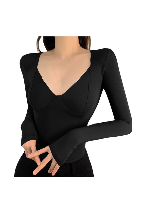 Long Sleeve Tops for Women V Neck Push Up Pullover Tee Casual Solid Color Slim Blouse Fall Winter Shirts