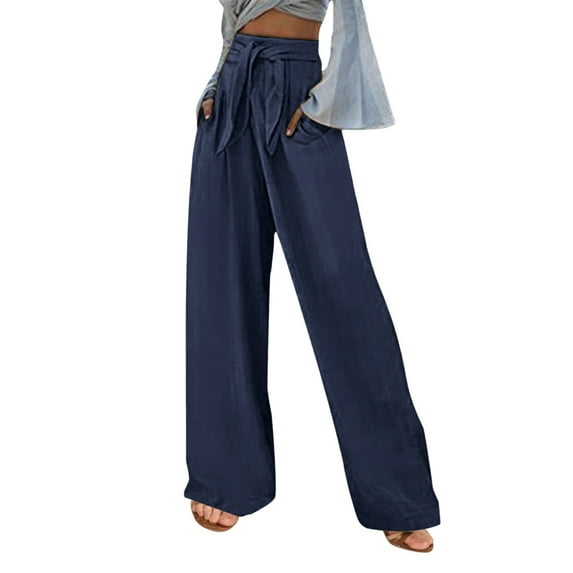 Maean Loose Pants for Women Summer Cotton Linen Elastic Waist Bowknot Belted Wide Leg Trousers with Pockets