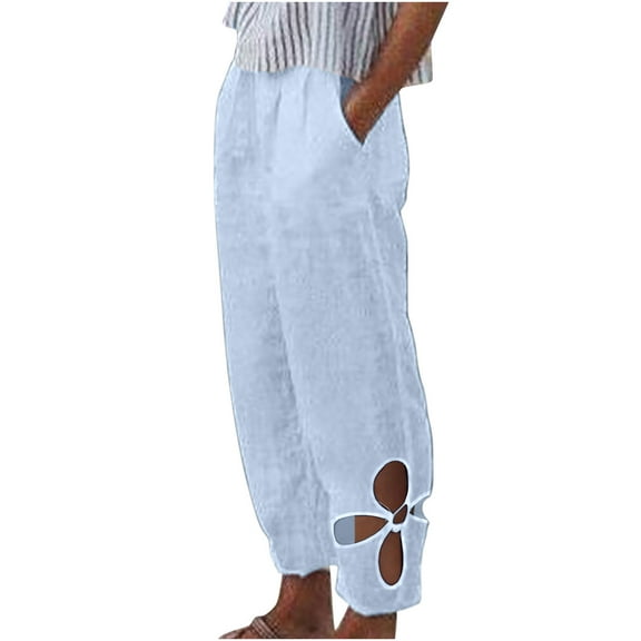 Maean Loose Pants for Women Summer Elastic Waist Cotton Linen Hollow Out Floral Pattern Pockets Trousers