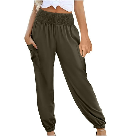 Maean Lounge Pants for Women Elastic High Waisted Wide Leg Solid Color Cropped Long Trousers with Pockets