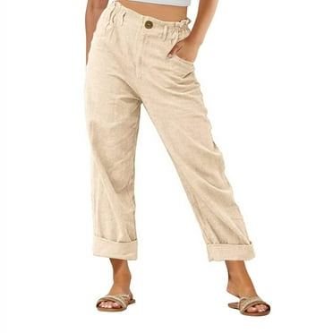 Maean Lounge Pants for Women Straight Wide Leg Loose Elastic Waist Button Frayed Hem Trousers with Pockets