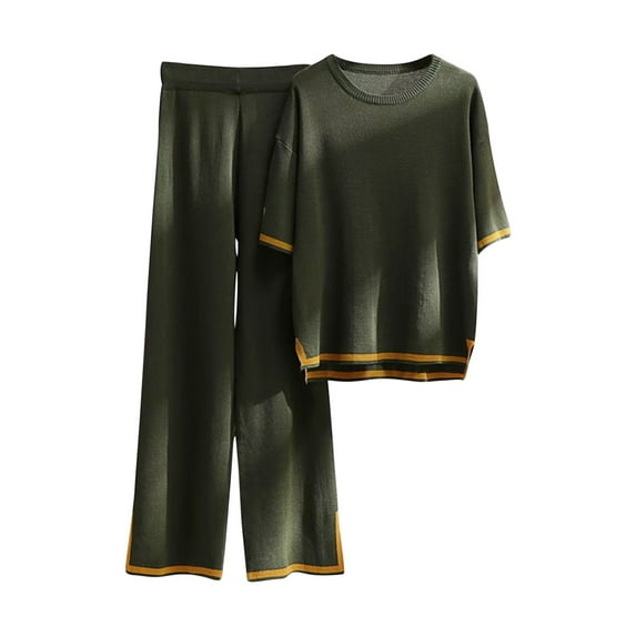 Maean Lounge Sets for Women 2 Piece Outfits Knit Short Sleeve Pullover Tops Wide Leg Pants Casual Sweater Sets