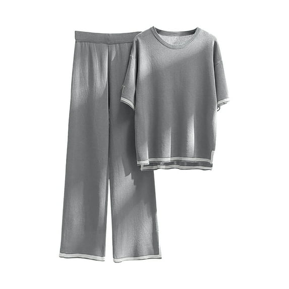 Maean Lounge Sets for Women 2 Piece Outfits Knit Short Sleeve Pullover Tops Wide Leg Pants Casual Sweater Sets