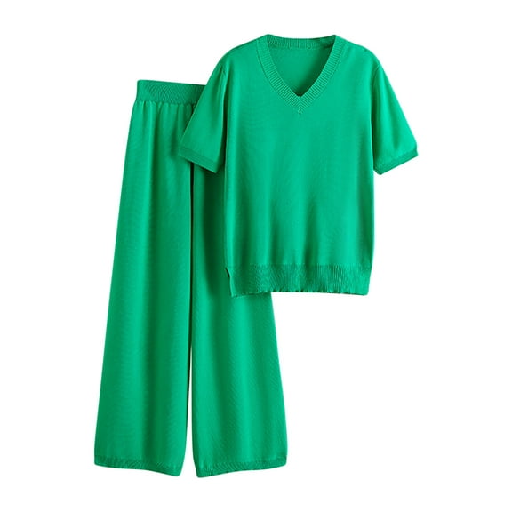 Maean Lounge Sets for Women 2 Piece Outfits Knit Short Sleeve Pullover Tops Wide Leg Pants Casual Sweater Sets