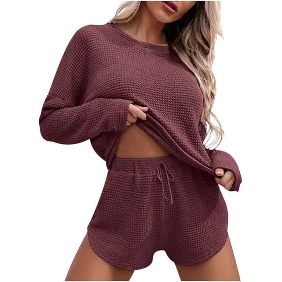Maean Lounge Sets for Women Two Piece Knit Long Sleeve Tops and Drawstring Waist Shorts Outfits Tracksuit