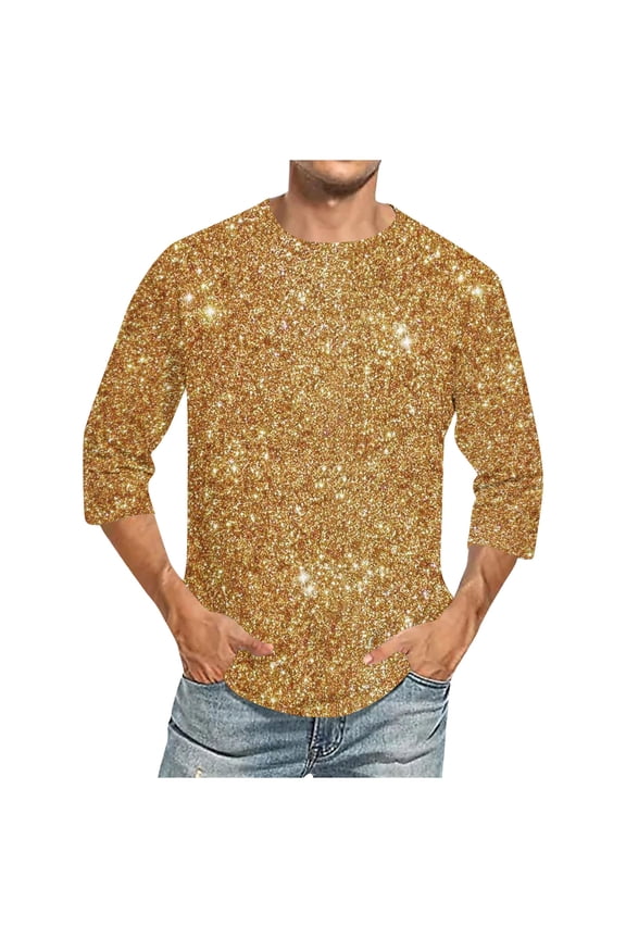 Men Big and Tall Shirts Sequin Printed Crewneck 3/4 Sleeve Causal Tshirts Nightclub Party Shirt Top