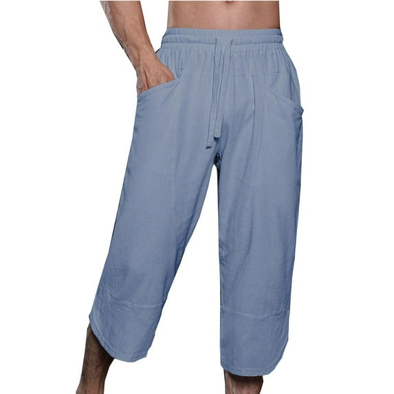 Maean Men Cotton Linen Capri Pants Casual Elastic Waist 3/4 Shorts Summer Beach Yoga Tapered Trousers
