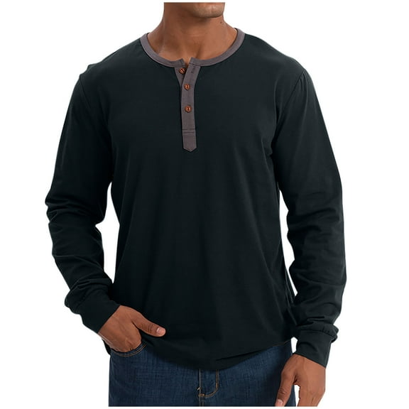 Maean Men Cotton Shirts Long Sleeve Classic Buttons Neck Pullover Tops Lightweight Fashion Casual T Shirts