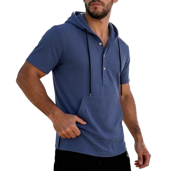 Maean Men Hooded Top Short Sleeve Drawstring Casual Lightweight Hoodies Sweatshirt with Pocket