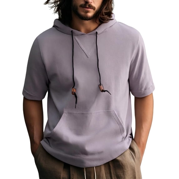 Maean Men Hooded Top Short Sleeve Drawstring Casual Lightweight Hoodies Sweatshirt with Pocket