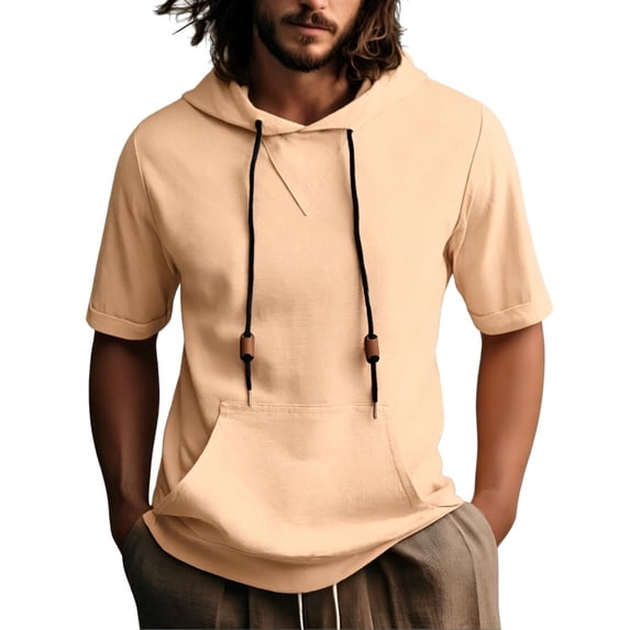 Maean Men Hooded Top Short Sleeve Drawstring Casual Lightweight Hoodies Sweatshirt with Pocket