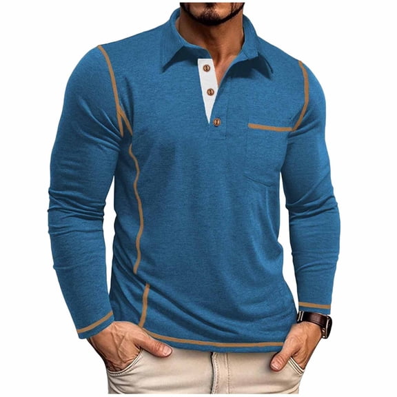 Maean Men Long Sleeve with Pocket Tops Workout Gym Shirt Collared V Neck Buttons Classic Pullover Tee