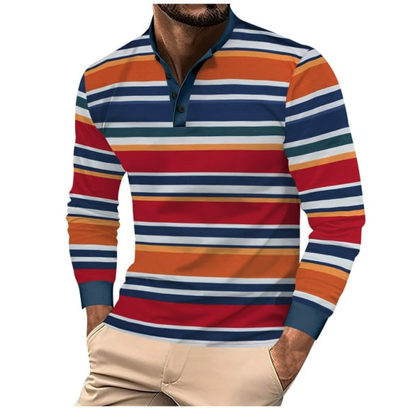 Maean Men Striped Shirts Collared Long Sleeve Pullover Tops Classic Buttons Neck Basic Golf Shirt