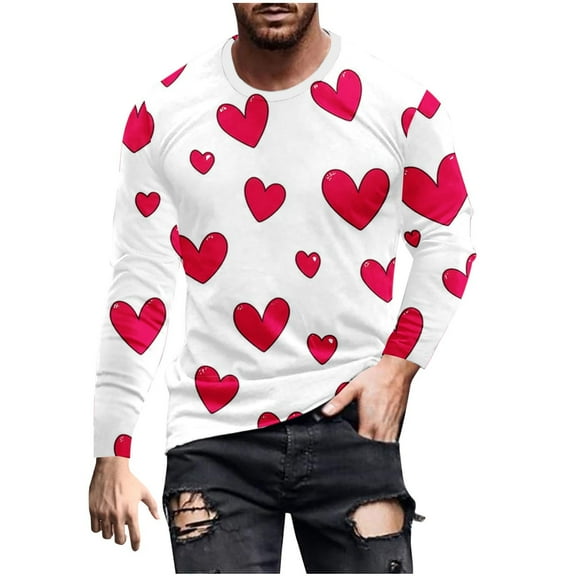 Maean Men Valentine's Day Tops Long Sleeve Crewneck Shirts Heart Graphic Fashion Tshirts for Mens