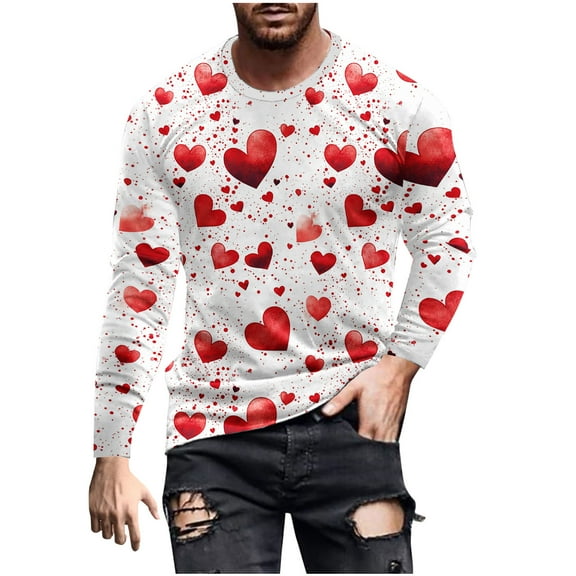 Maean Men Valentine's Day Tops Long Sleeve Crewneck Shirts Heart Graphic Fashion Tshirts for Mens