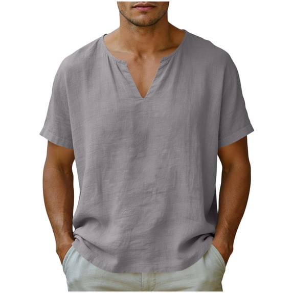 Maean Men's Cotton Linen Tops Short Sleeve V Neck Shirts Summer Lightweight Loose Beach Vacation Tees Outfits