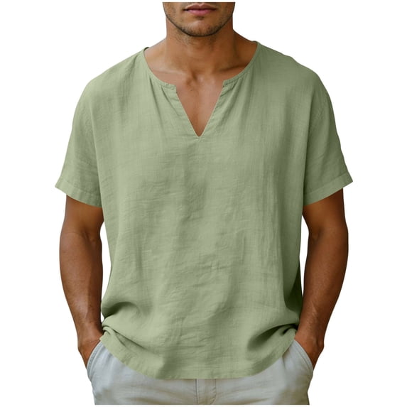 Maean Men's Cotton Linen Tops Short Sleeve V Neck Shirts Summer Lightweight Loose Beach Vacation Tees Outfits
