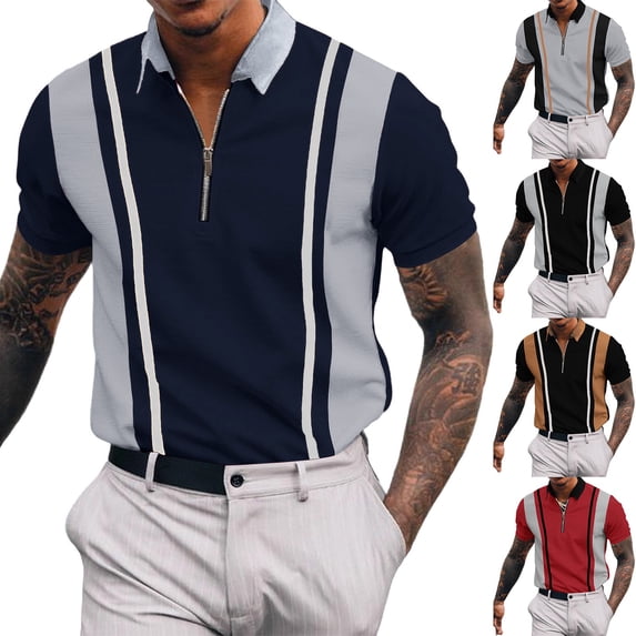 Maean Men's Fashion Collared Shirts Vintage Striped Quarter Zipper Tops Casual Short Sleeve Golf Shirt