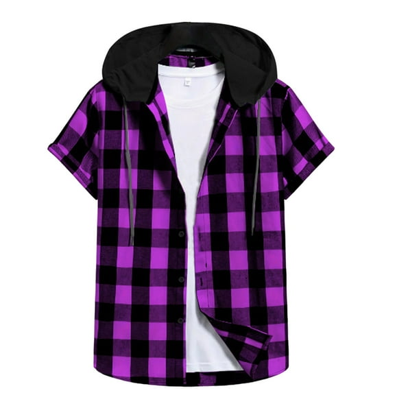 Maean Men's Hooded Short Sleeve Plaid Shirts Button down Drawstring Causal Tshirts Tops for Mens