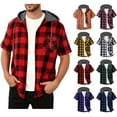 thumbnail image 1 of Maean Men's Plaid Hooded Shirt Short Sleeve Button down Tops Drawstring Casual Tshirts with Pockets, 1 of 7