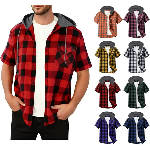 Maean Men's Plaid Hooded Shirt Short Sleeve Button down Tops Drawstring Casual Tshirts with Pockets