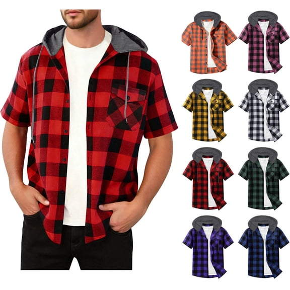 Maean Men's Plaid Hooded Shirt Short Sleeve Button down Tops Drawstring Casual Tshirts with Pockets