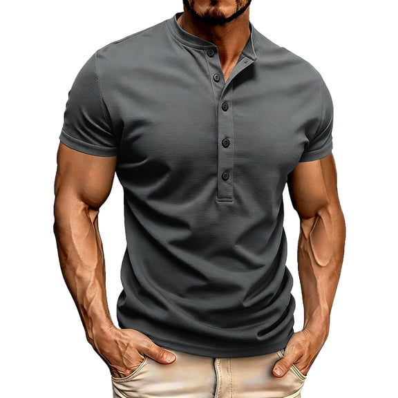 Maean Men's Solid Color Short Sleeve Round Neck Buttons Pullover Casual Top Breathable Summer Trendy Tee