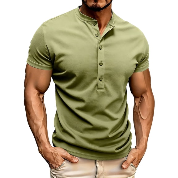 Maean Men's Solid Color Short Sleeve Round Neck Buttons Pullover Casual Top Breathable Summer Trendy Tee