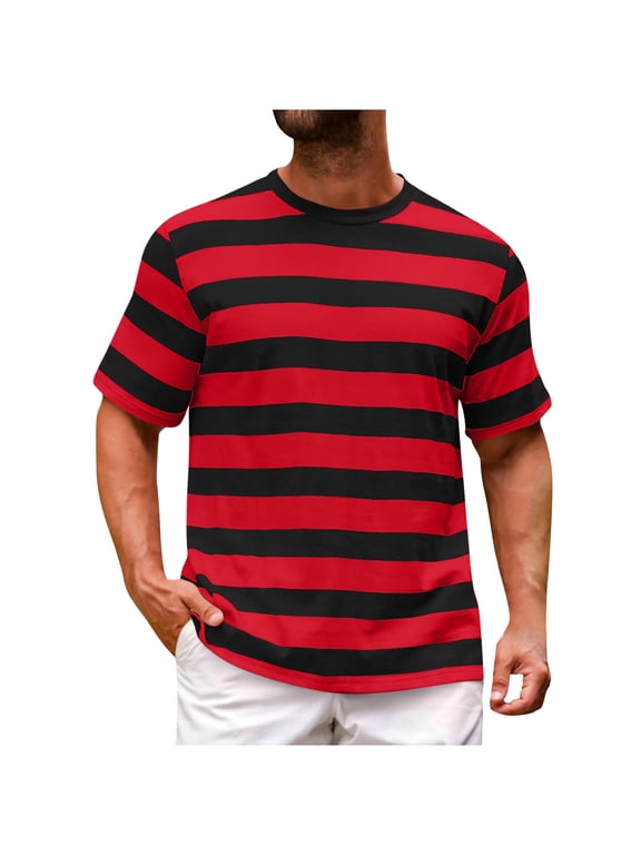 Men's Striped Shirts Short Sleeve Tees Casual Loose Round Neck Summer Basic Tshirts M-4XL