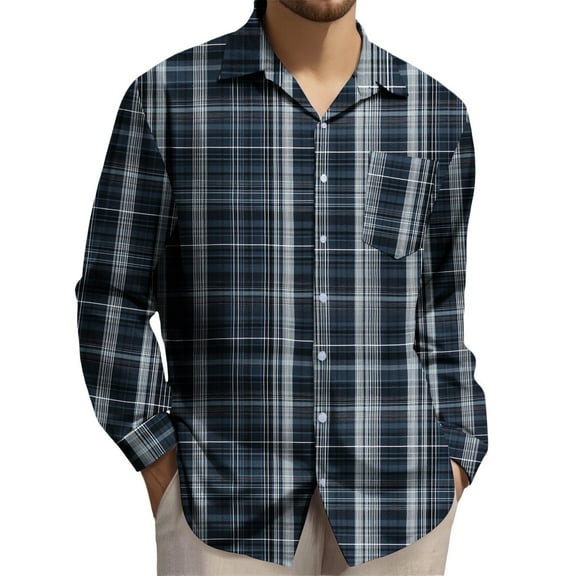 Maean Mens Big and Tall Button down Shirts Plaid Long Sleeve V Neck Loose Casual Business Tops with Pockets