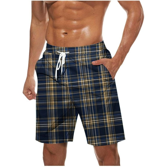 Maean Mens Big and Tall Shorts Summer Loose Elastic Waist Drawstring Plaid Beach Shorts with Pockets