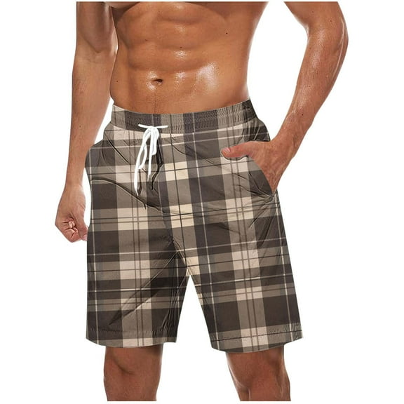 Maean Mens Big and Tall Shorts Summer Loose Elastic Waist Drawstring Plaid Beach Shorts with Pockets