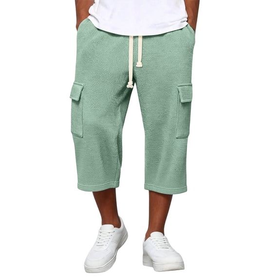 Maean Mens Capris Casual Pants Drawstring Elastic Waist 3/4 Length Loose Cargo Straight Leg Capri Pants