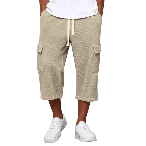 Maean Mens Capris Casual Pants Drawstring Elastic Waist 3/4 Length Loose Cargo Straight Leg Capri Pants
