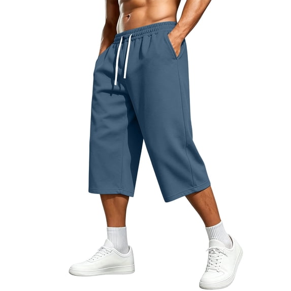 Maean Mens Capris Pants 3/4 Wide Leg Drawstring Elastic Waist Loose Shorts Capri Pant with Pockets