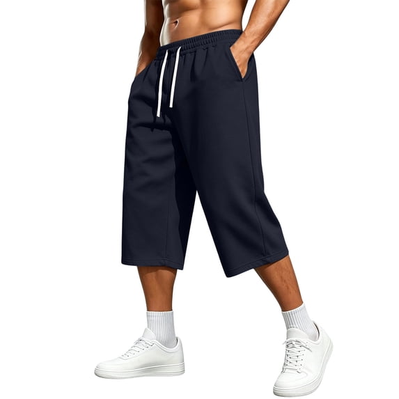 Maean Mens Capris Pants 3/4 Wide Leg Drawstring Elastic Waist Loose Shorts Capri Pant with Pockets