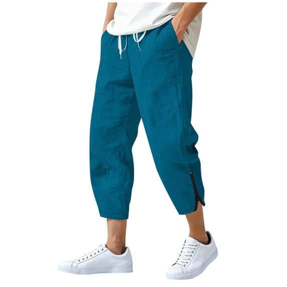 Maean Mens Capris Pants Cotton Linen Jogger Pant Summer Drawstring Elastic Waist Cropped Pant with Pockets