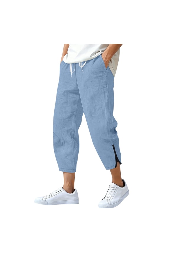 Mens Capris Pants Cotton Linen Jogger Pant Summer Drawstring Elastic Waist Cropped Pant with Pockets
