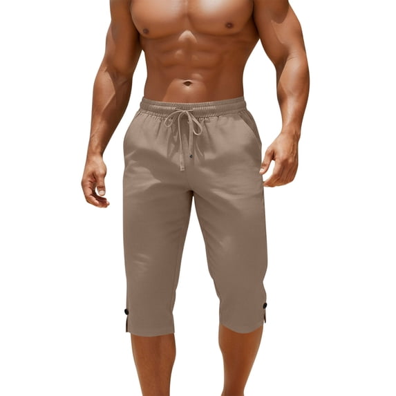 Maean Mens Cotton Linen Capris Pants Summer Drawstring Elastic Waist Straight Leg Loose Cropped Pant with Pocket