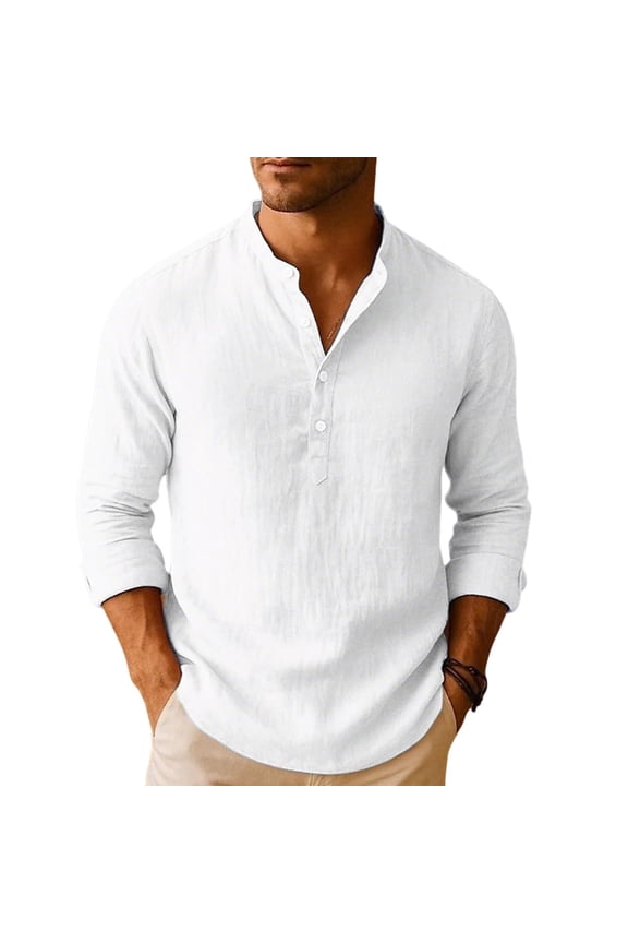 Mens Cotton Linen Summer Tops V Neck Pullover Shirt Button up Beach Top Casual Lightweight Plain Tees