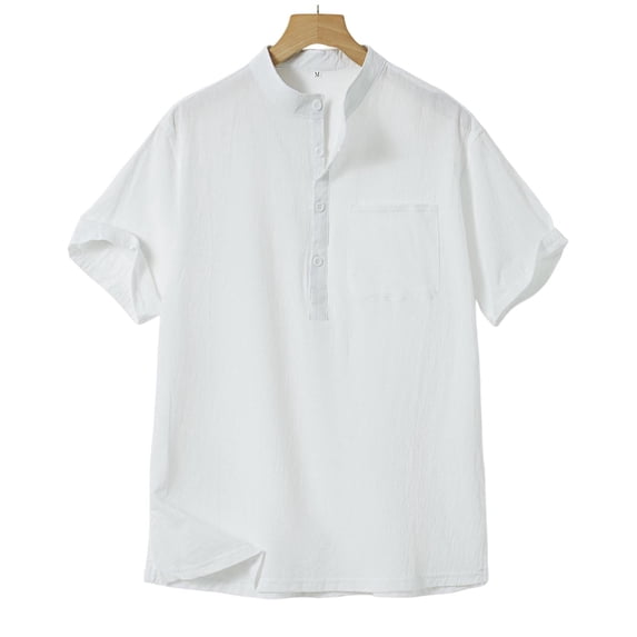 Maean Mens Cotton Linen Tops Summer Beach Vacation Short Sleeve Shirt V Neck Buttons Pullover Lightweight Tee