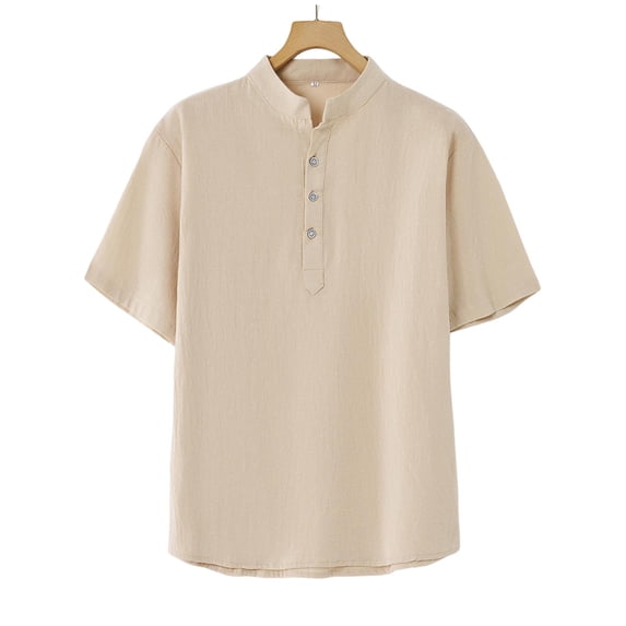Maean Mens Cotton Linen Tops Summer Beach Vacation Short Sleeve Shirt V Neck Buttons Pullover Lightweight Tee