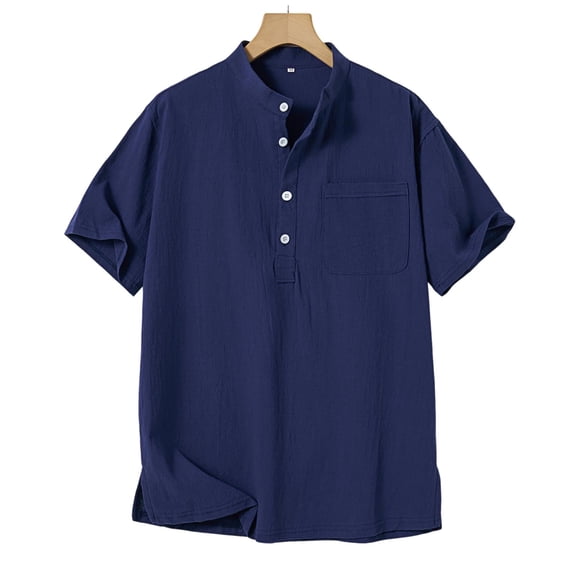 Maean Mens Cotton Linen Tops Summer Beach Vacation Short Sleeve Shirt V Neck Buttons Pullover Lightweight Tee