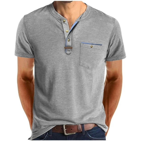 Maean Mens Fashion Shirts Short Sleeve Buttons V Neck Cotton Basic T Shirt with Pocket for Men