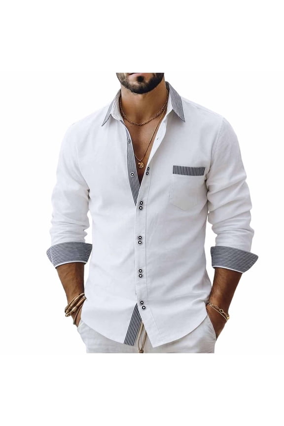 Mens Linen Long Sleeve Button down Tops Collared Dress Casual Fashion Business Clothes with Pockets
